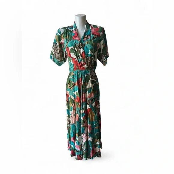 Vintage 90s Leopard Floral Jungle Print Dress Carol Anderson California  5/6 (S)